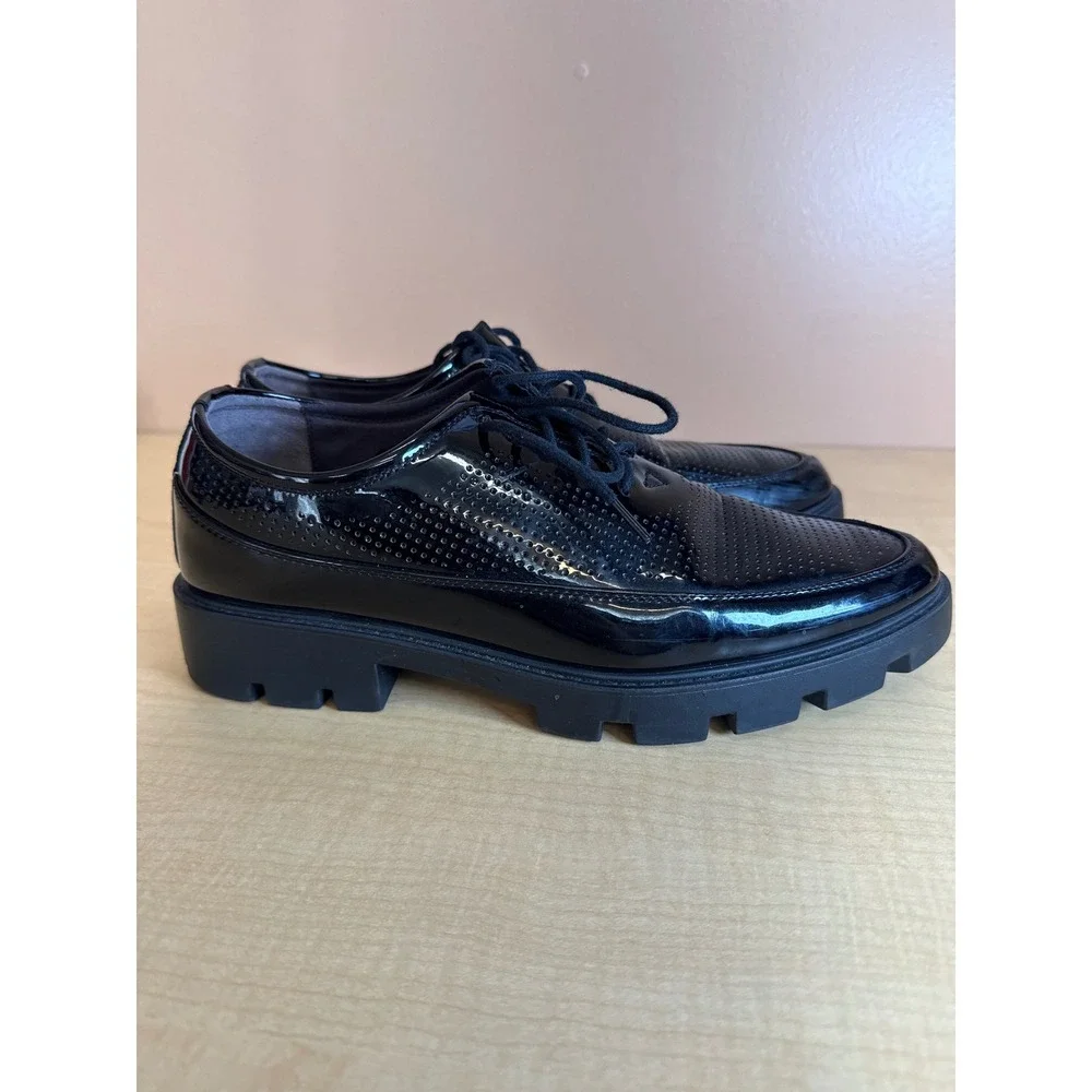 Black Patent Leather Perforated Lug Sole Oxford Shoes Lace Up Platform Size 260